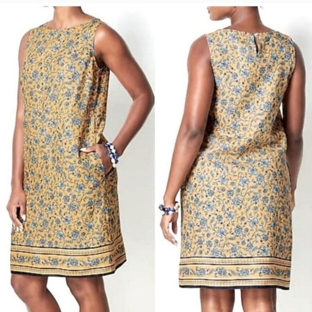 J. Jill Size M 100% Linen Blue & Yellow Floral Sheath Dress, Pockets, Sleeveless